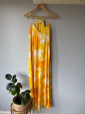 Nicole Miller Abstract Floral Slip Dress Yellow Orange Maxi Size Small
